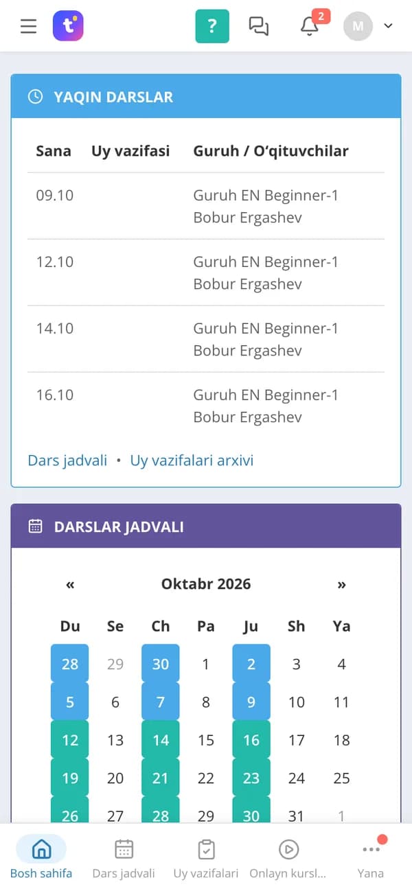 O‘quvchi va ota-ona kabineti: jadval, baholar, uy vazifalari va to‘lovlar