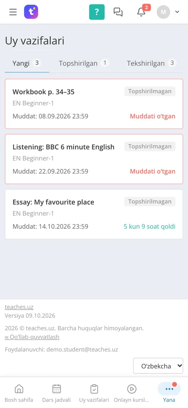 Uy vazifalari platformaning o‘zida tekshiriladi
